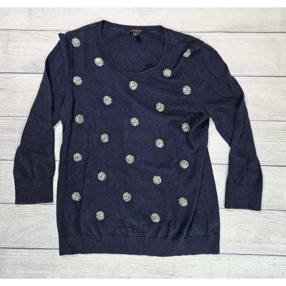 Talbots Sweater Womens Large Navy Cotton Blend Embellished Polka Dot 3/4 Sleeve